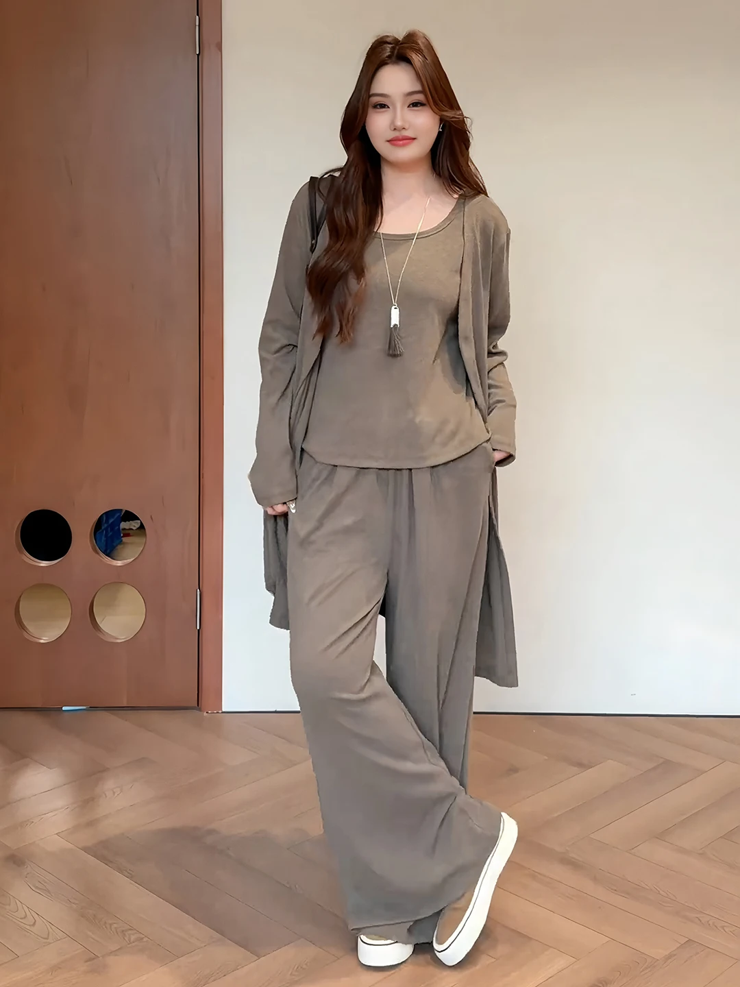 plus Size Casual Three Piece Set Open Cardigan Tank Top Wide Leg Pants Women Early Autumn Slimming Lazy Fashion Ensemble
