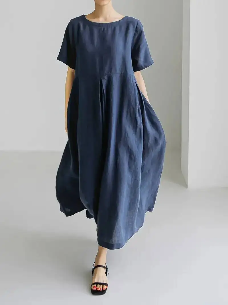 Lockeres Plus-Size-Kleid, 5 Farben, Rundhalsausschnitt, Pullover, Baumwolle, Leinen, modisch, lässig, Urlaubsstil, einfarbig, süß, langer Rock für Damen, GS9J