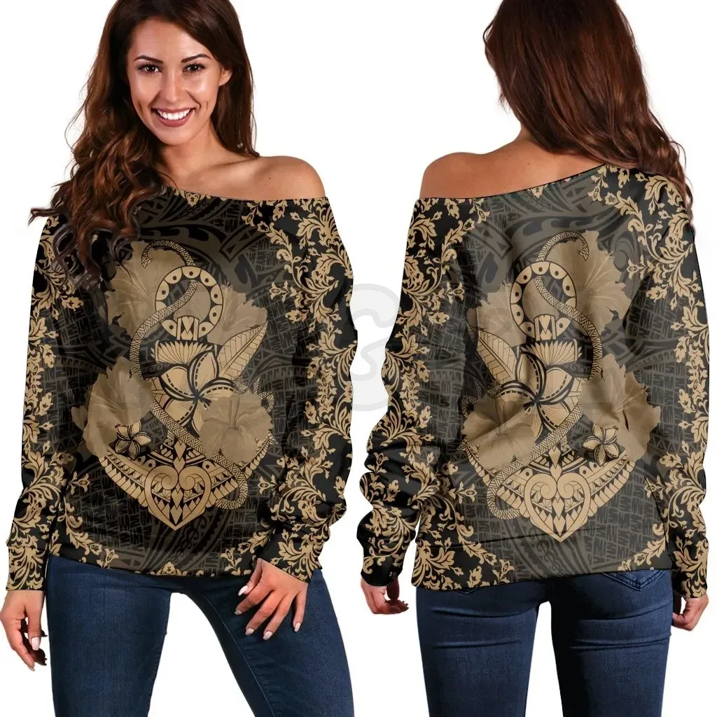 YX GIRL Hawaii Anchor Hibiscus Flower Vintage Gold 3D Printed Novelty Women Casual Long Sleeve Sweater Pullover