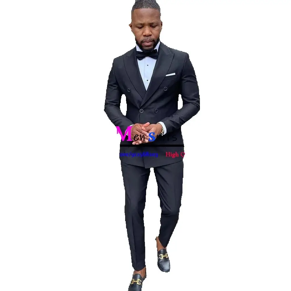 

Navy Blue Mens Suits Double Breasted Blazer Sets Slim Fit Groomsmen Wedding Party Tuxedo 2 Pieces Set Customized Daily Male Suit