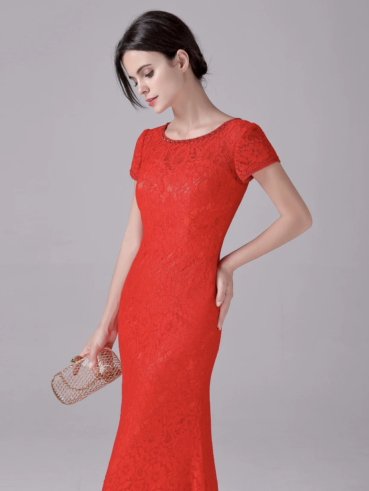 Red Lace Mermaid Long Mother Of Bride Dresses With Short Sleeves Women Modest Elegant Formal Wedding Party Dress Floor Length