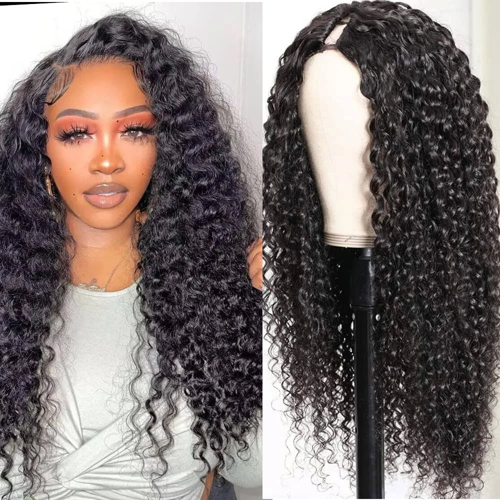 V Part Human Hair Wig Kinky Curly 100% Brazilian Virgin Hair Glueless 200% Density Women Natural Look Breathable Easy To Wear