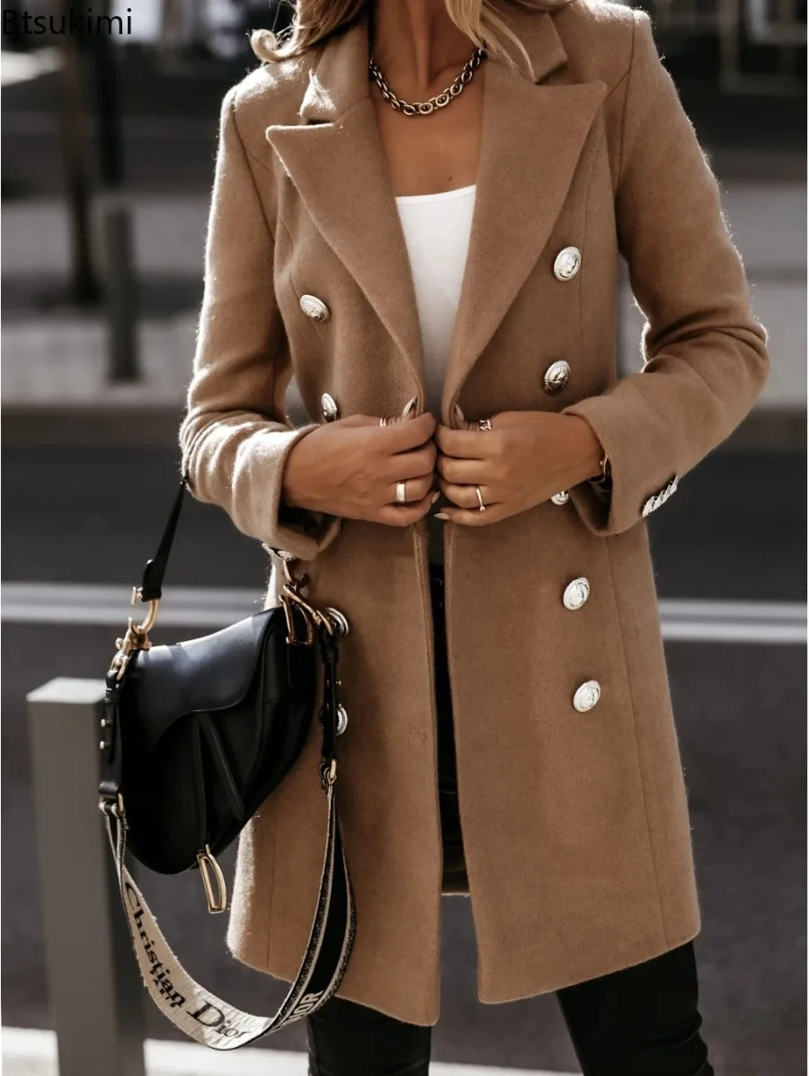 New Women's Autumn Winter Wear Coat Long-sleeved Suit Collar Double-breasted Brunette Coat Overcoat Solid Fashion Coats Female