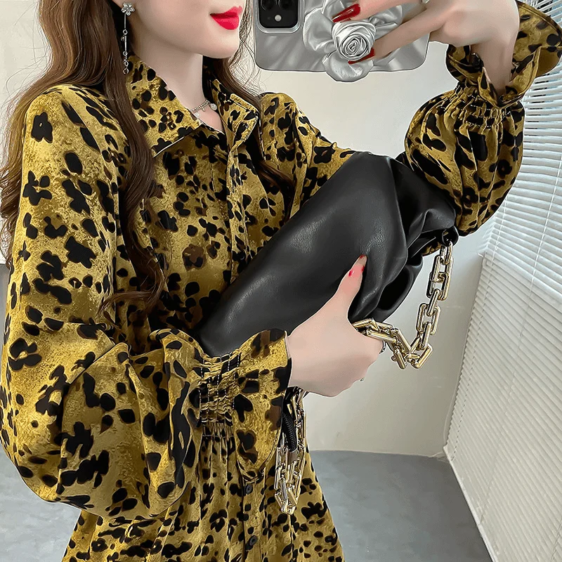 Senhoras moda coreana impressão turn-down colarinho espartilho camisas outono moda leopardo comprimento médio topo roupas femininas topo t