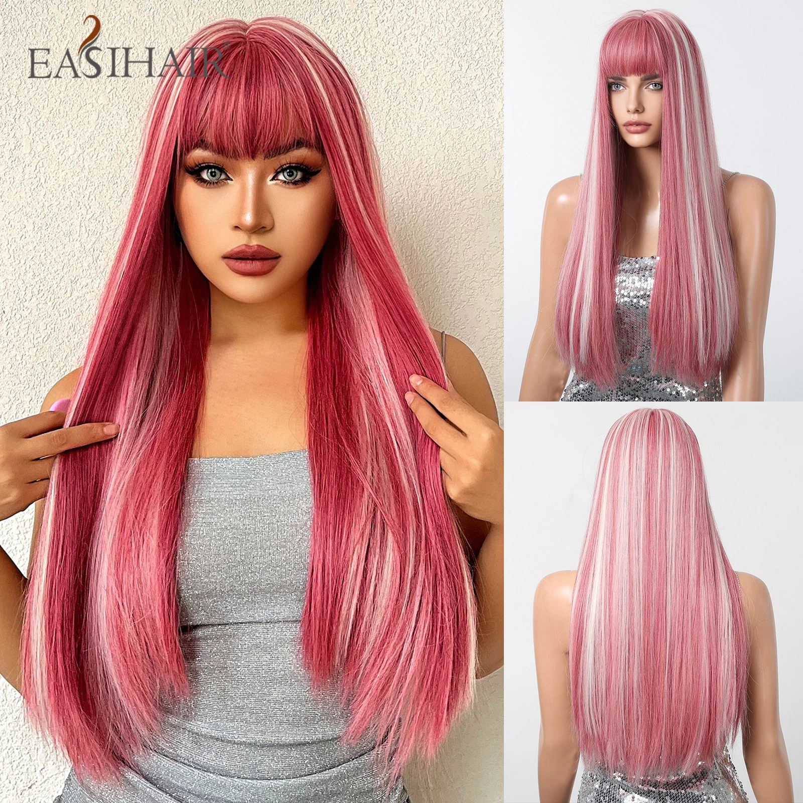 EASIHAIR Long Straight Synthetic Wigs Red with Pink Highlight Wig for Women with Bangs Cosplay Natural Hair Wigs Heat Resistant