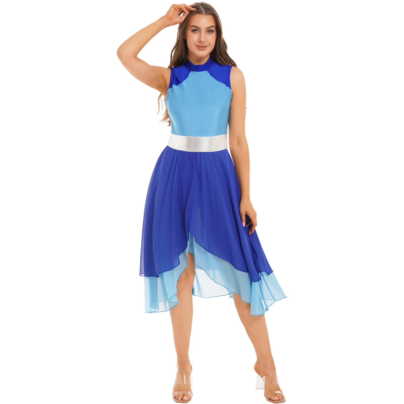 Women Celebration of Spirit Praise Lyrical Dance Dress Color Block Sleeveless Stage Dancewear Split Asymmetrical Hem