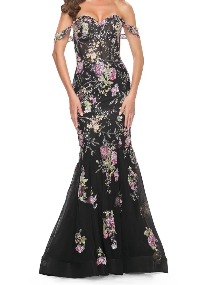 

Gorgeous Luxury Black Mermaid Evening Dresses Off Shoulder Applique Floor Length Women Wedding Party Dress Prom Occasion Wear