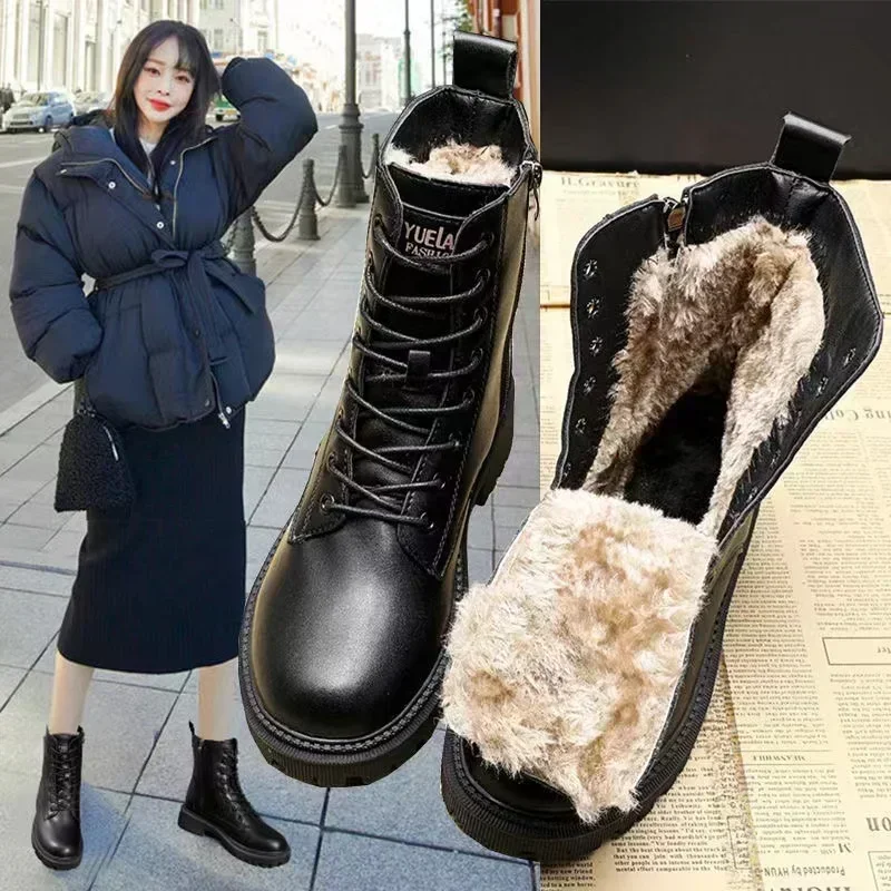 Waterproof Winter Snow Boots Women Plus Velvet Thick Cotton Women Shoes Black Leather Warm Platform Women\'s Ankle Boots