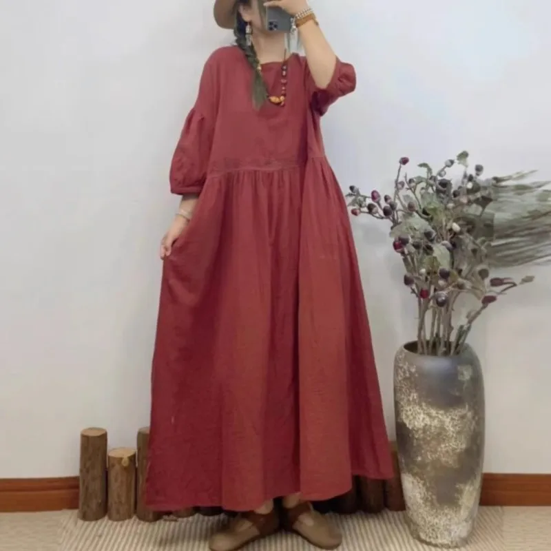 Johnature Vintage ปักผ้าฝ้ายชุด 2025 ฤดูร้อนใหม่ญี่ปุ่นหลวม 6 สีชุดสตรี