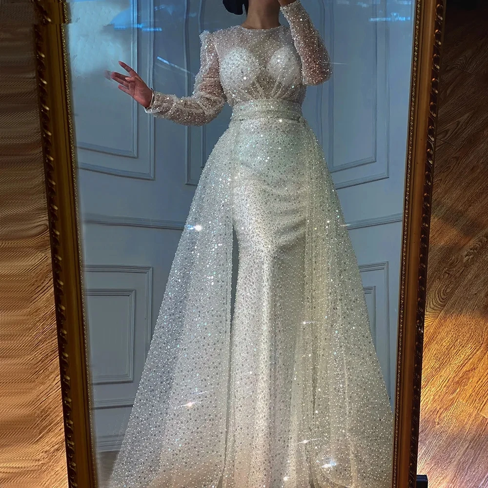 Abiti da sera a sirena con paillettes di lusso a maniche lunghe con perline staccabili treno lucido o-collo abito da festa Robes De Soirée Vestido De