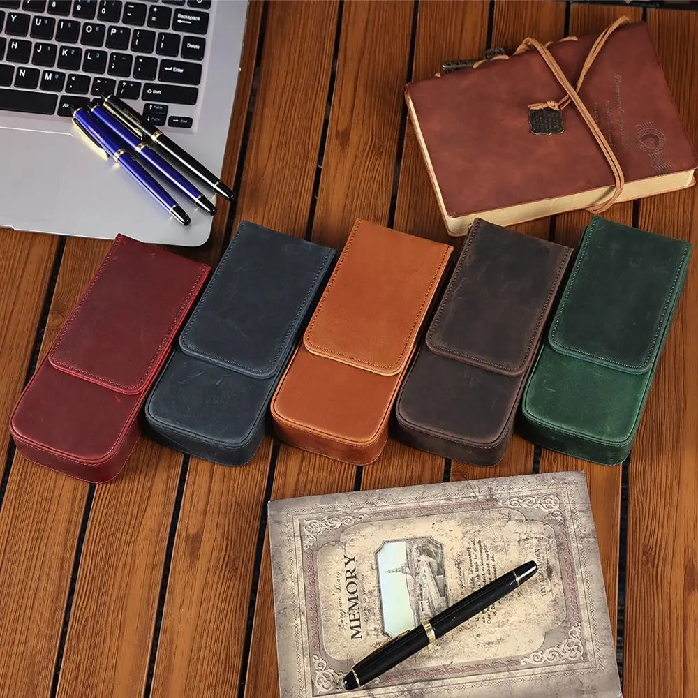 Luxury Crazy Horse Leather Fountain Pen Case Handmade Vintage Protective Sleeve 3 Slots Durable Pen Pouch Stationery