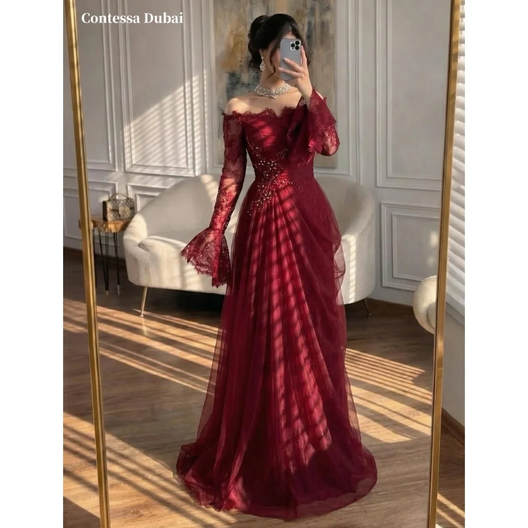 Contessa Custom Red Strapless Prom Dress Lace Appliques Long Sleeve Vestidos De Noche Crystal Beaded Formal Evening Dresses 2026