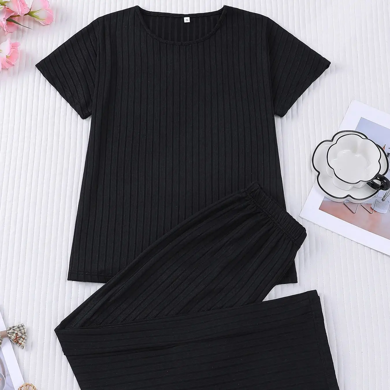 

Women's Black Ribbed Loungewear Set Short Sleeve Long Pants Soft Comfortable Home Sleepwear 2 Piece Outfits