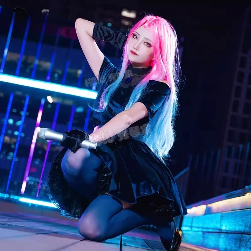 Anime Alien stage Mizi Cosplay Costume Stage Velvet Dress Pink Gradient Blue Purple Long Wig Suit for Women Roleplay Outfits