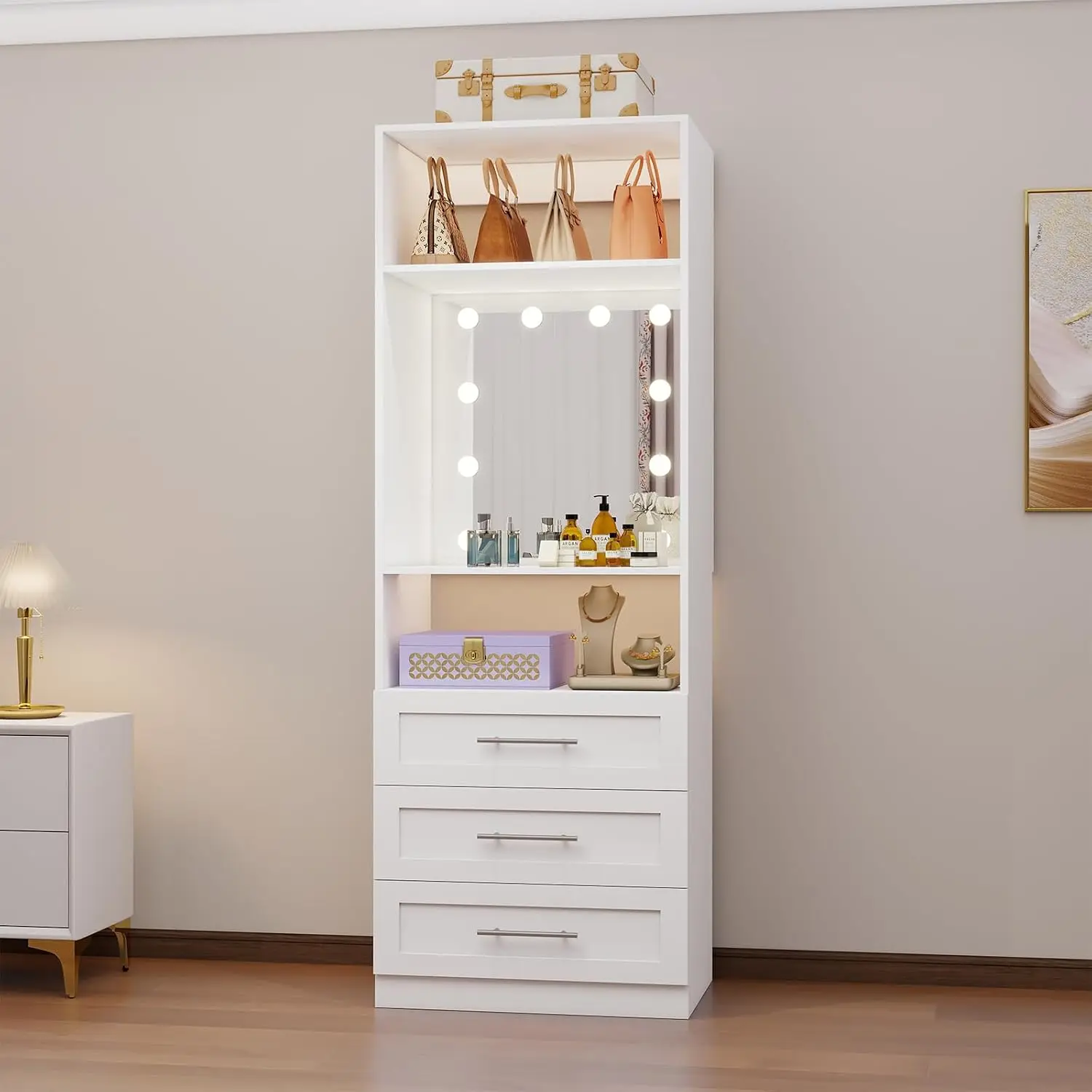Closet Organizer System with Makeup Vanity and Lighted Mirror, 3 Drawers, 2 Shelves, 10 Bulbs (3 Color, Customized