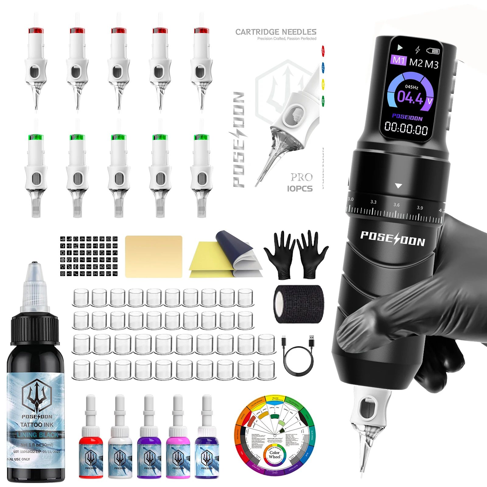 

POSEIDON Alloy Tattoo Kit High Quality Adjustable Tattoo Machine Kit 2300 mah Wireless Tattoo Power Supply Tattoo Pen Kit