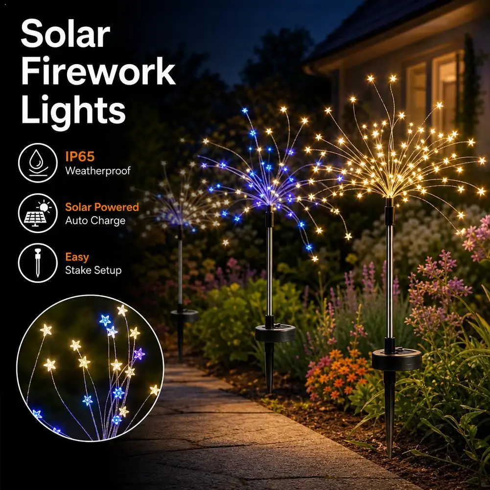 Solar LED Firework Light Copper Wire IP65 Waterproof Solar Garden Flower Lights With 8 Modes For Outdoor 