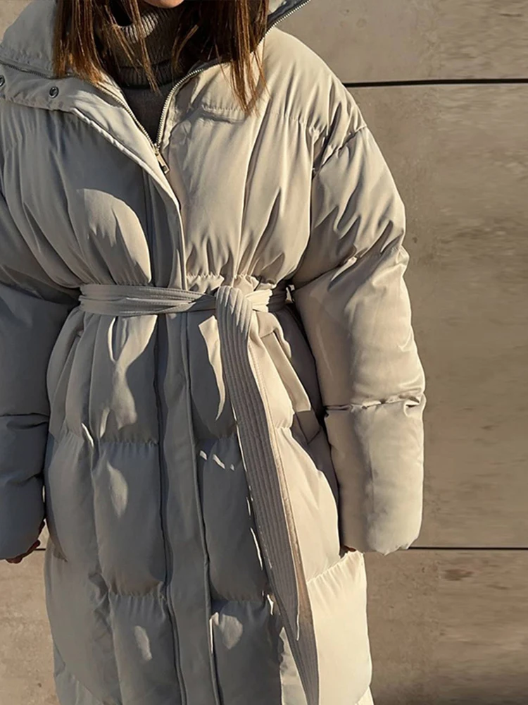 Lace Up Outwear Female Winter Chic High Streetwear Warm Stand Neck Cotton Long Coats Women Elegant Single Breasted Zipper Belt