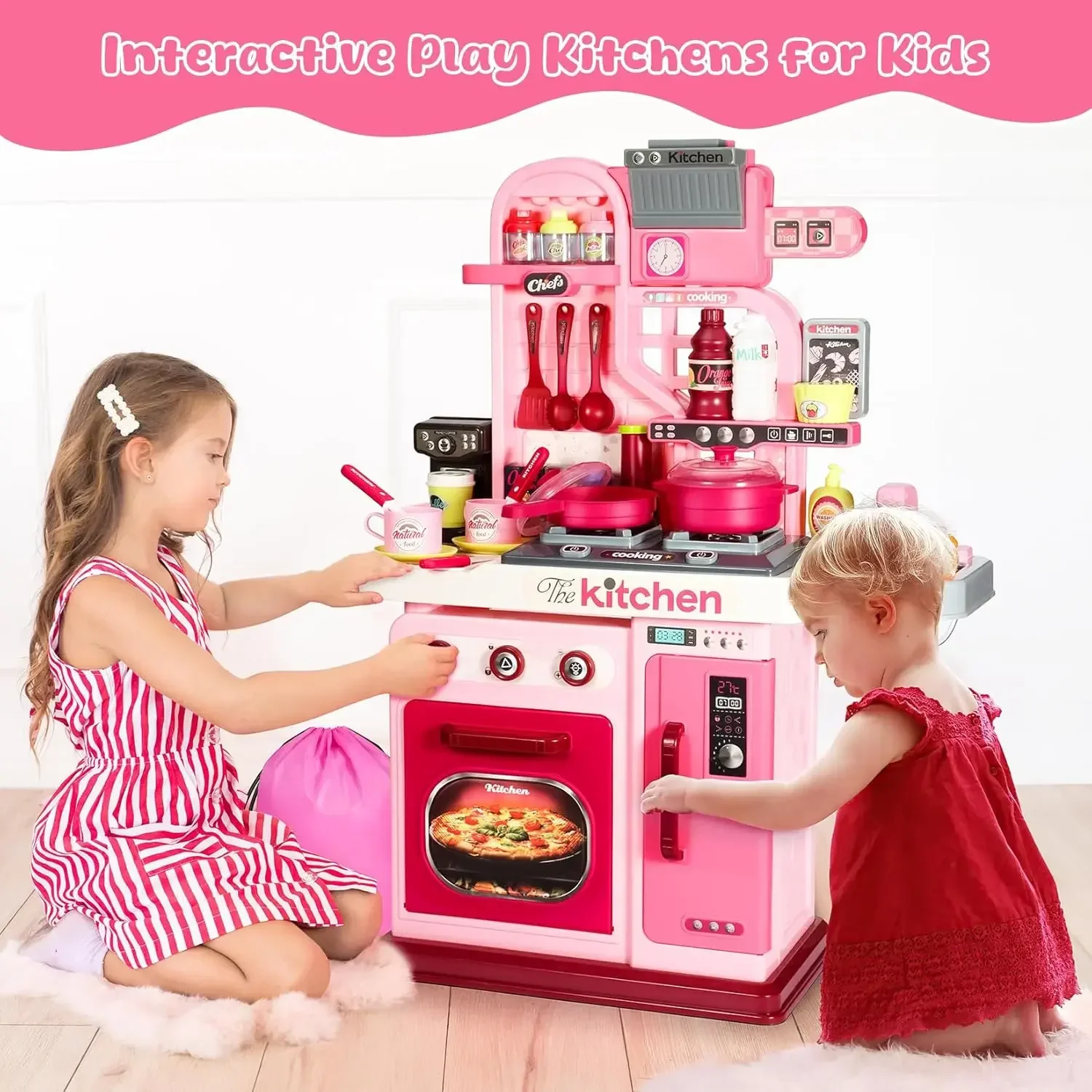 Kinderkeukenspeelset, keukenset voor peuters 1-3 3-5, kookfornuis, speelgootsteen en keukenaccessoires, speelgoedkeuken (roze)