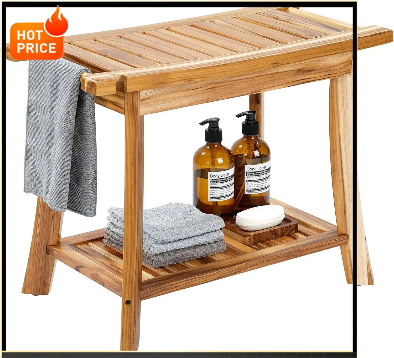 

Bestseller24" Solid Teak Shower Bench with Towel Bar & Storage Shelf - Waterproof Bath Stool with Fixed Non-Slip Feet, 300lbs Ca