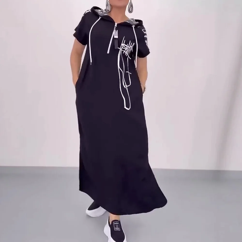 Langes Kleid Frauen Unregelmäßige Druck Kleider Mit Kapuze Kurzarm Kordelzug Zipper Split Maxi Kleid Weibliche Vestidos Sommer EINE Linie