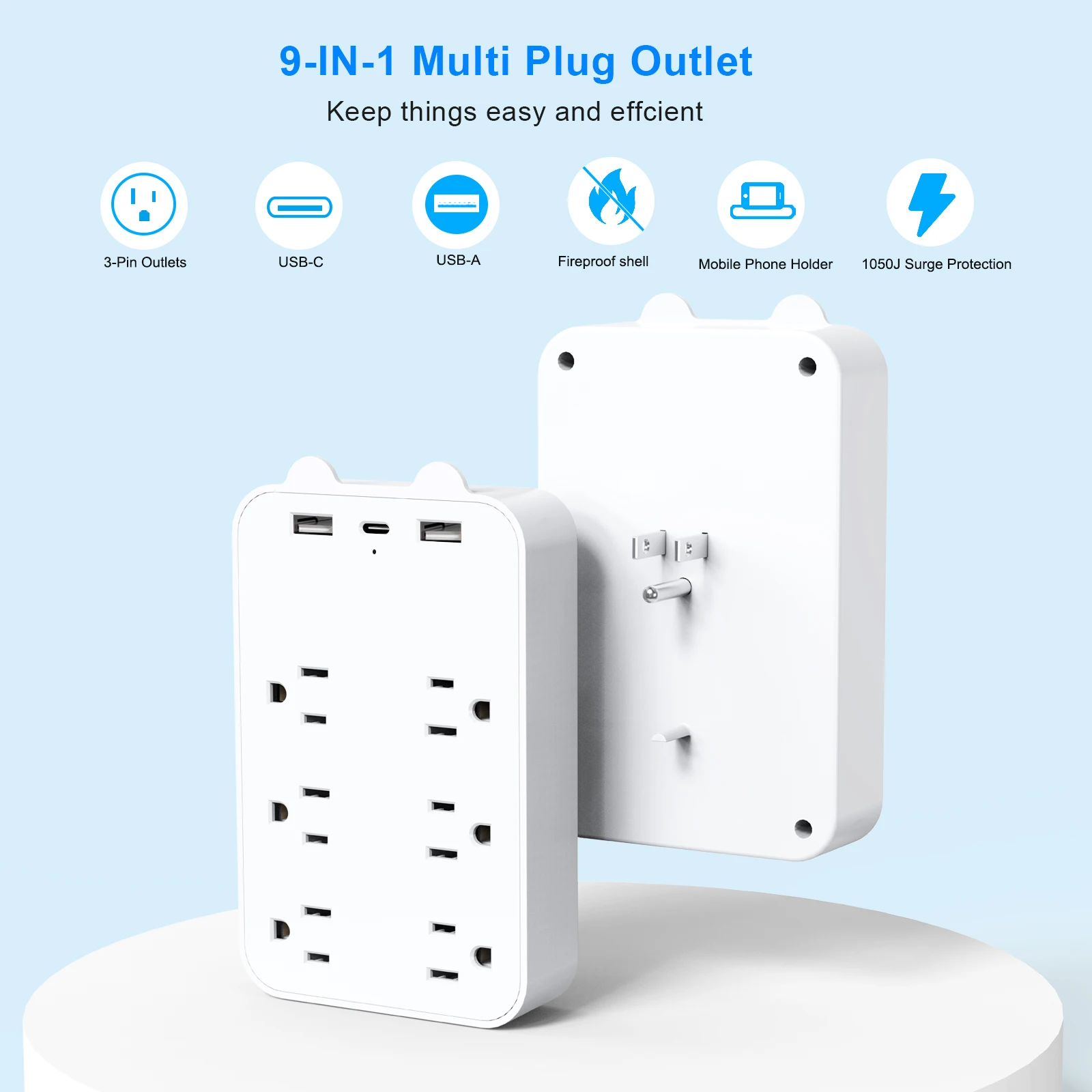 9-in-1 Surge Protector 6-Outlet Extender with 2 USB & 1 USB-C Ports Power Strip Multi Plug Outlets Wall Adapter Spaced for Home