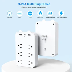 US Plug Multitap Wall Socket Electrical Power Strip with 6 AC Outlets 3 USB Ports(1 Type-C) Fast Charging Network Filter Adapter