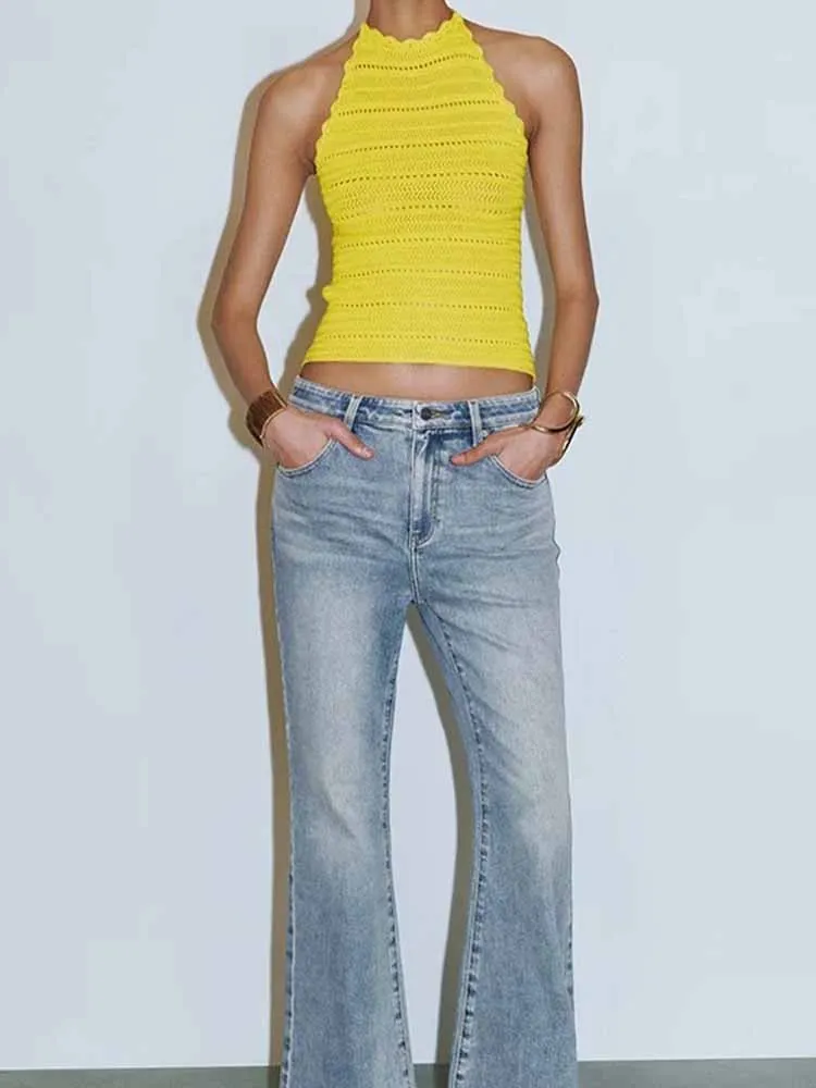 

European and American style summer new yellow halter neck hollow texture knit sweater women's suspender short top