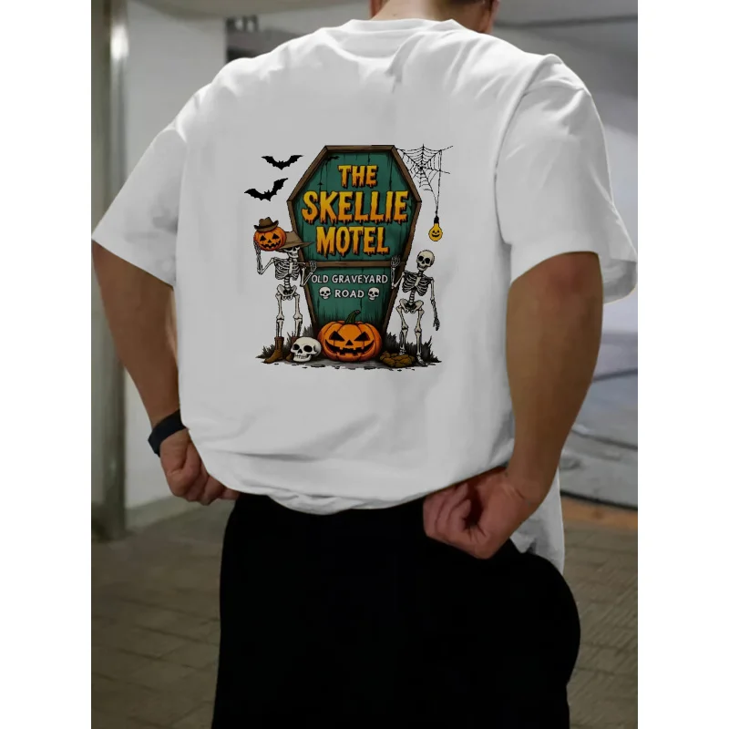 

Men's White T-Shirt The Skellie Motel Halloween Skeleton Pumpkin Print High Quality Cotton 180g