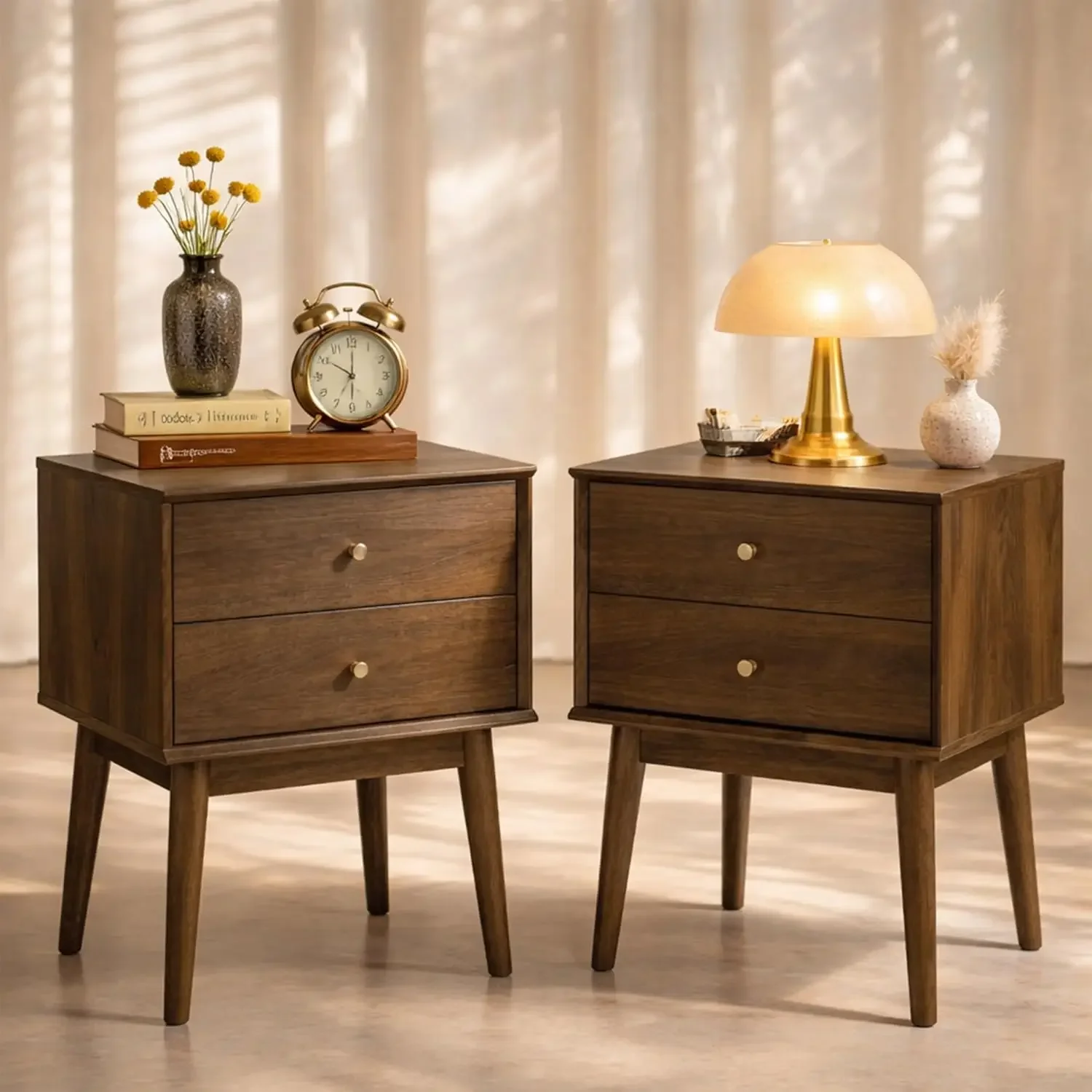 

Set Of 2 Wood Nightstands Dark Walnut Bedside Tables End Tables Solid Wood Legs Gold Knobs Bedroom Mid Century Modern