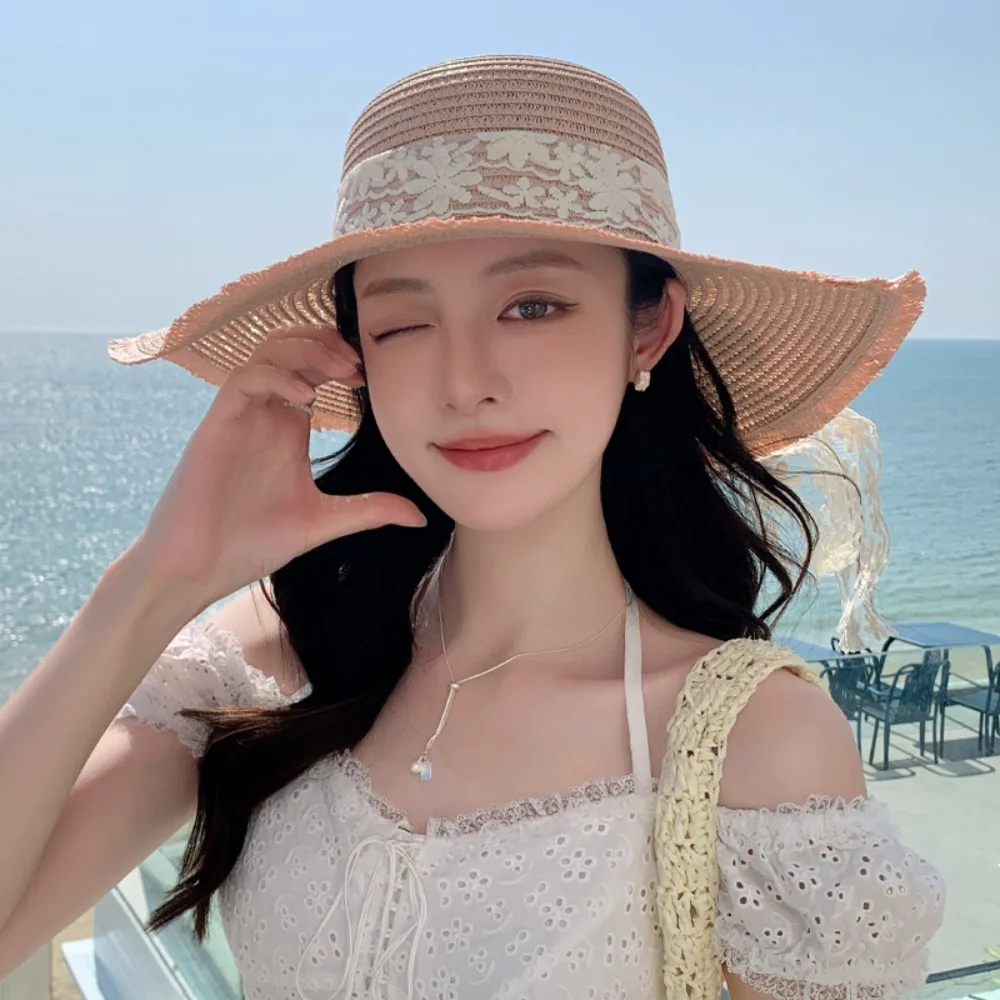 

Fashion Breathable Lace Bowknot Straw Hat Large Brim Adjustable Wide Brim Sun Hat Anti UV Sweet Sunshade Cap Summer