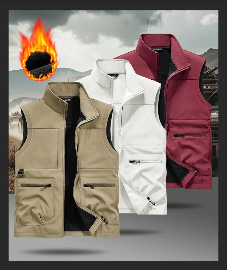 

Men's 5XL Fleece Vest Winter Warm Waistcoat Sleeveless Multi-Pocket Coat Large Size Fashion Clothing Male