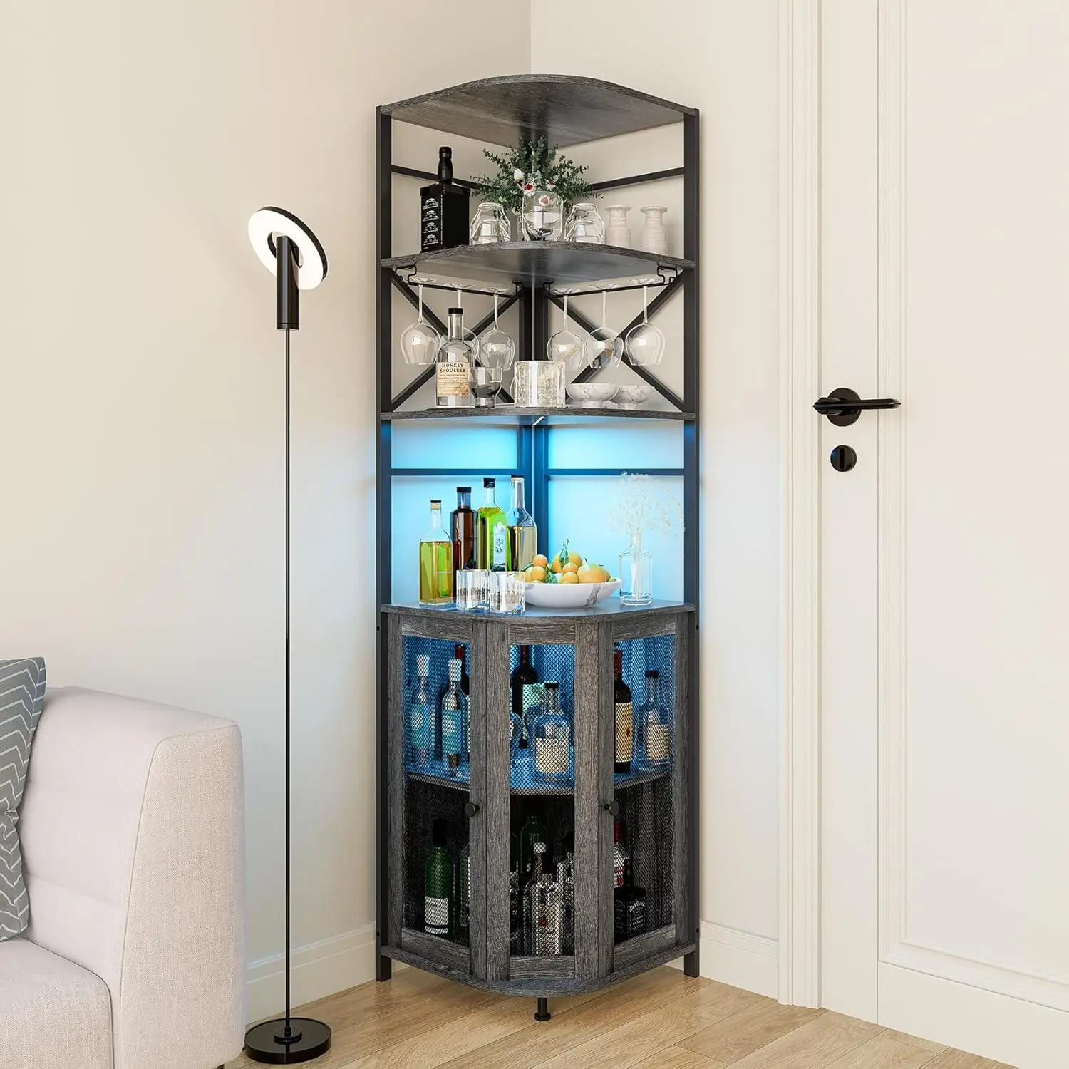 6-Tier Wine Bar Cabinet with Power Outlet, LED Light & Glass Holder, Corner Cabinet with Adjustable Shelf, Customized