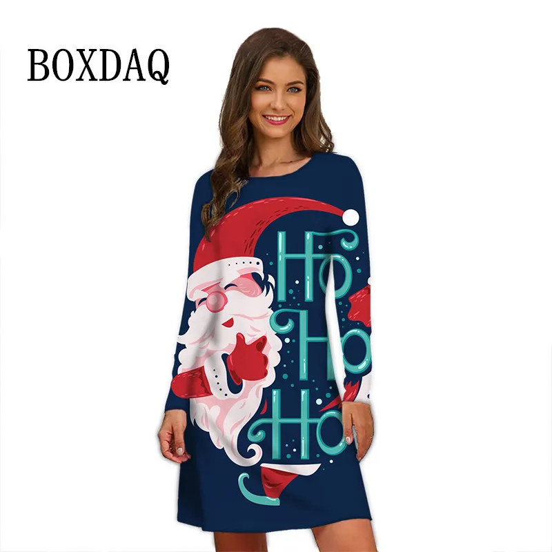 Letters Cartoon Santa Claus Print Dress Winter Christmas Party Dress Women Clothing Casual Cute Long Sleeve Oversized Mini Dress