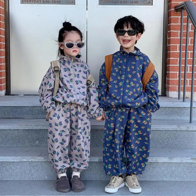 

2025 Autumn New Children Long Sleeve Clothes Set Boys Girls Flower Print Cardigan Coat + Pants 2pcs Suit Kids Casual Outfits