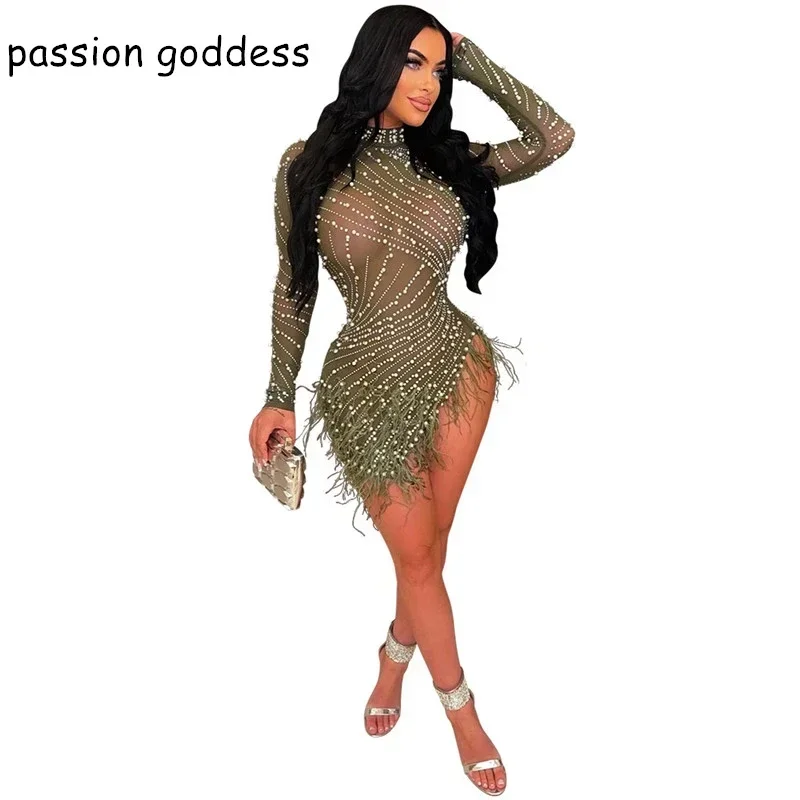 Fashion New Long Sleeve Diamonds Sexy Bodycon Mesh See Through Party Dresses for Women Feather Pearls Black Irregular Club Dress