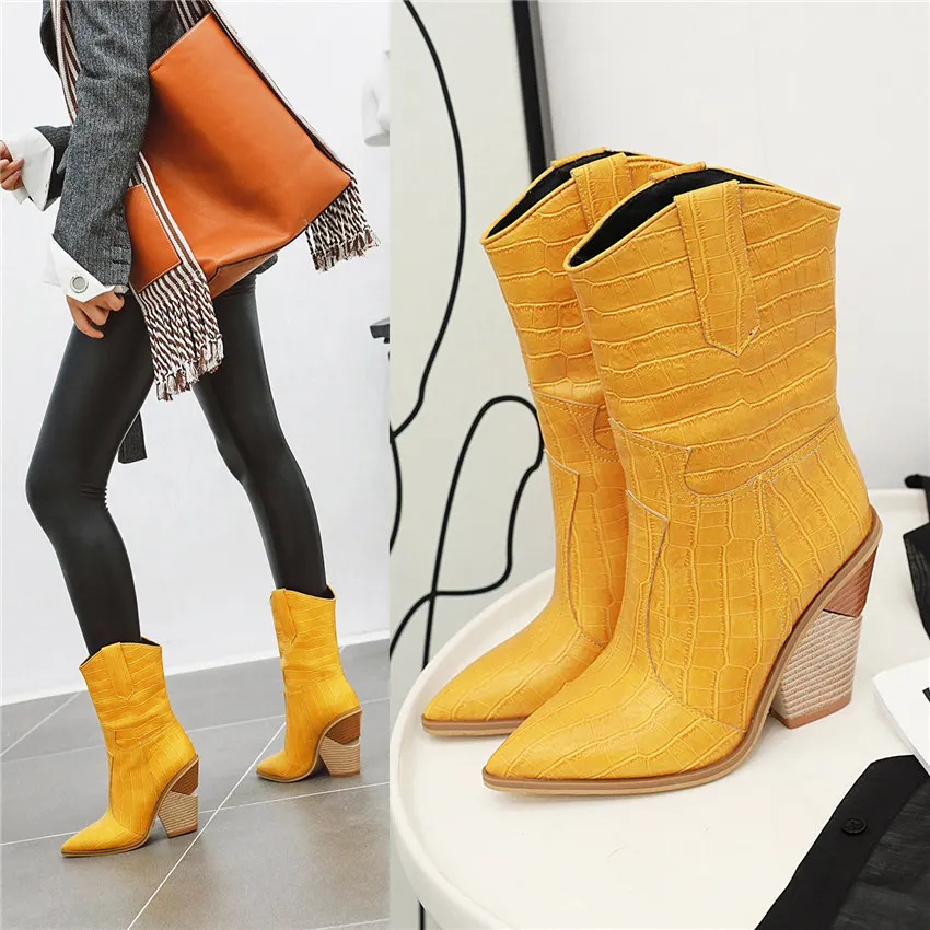 Plus Size Women Western Ankle Boots Black Yellow Crocodile Leather Pointed Toe High Wedge Heels Office Lady Cowgirl Short Boots