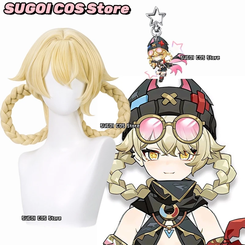 Genshin Impact Jahoda disfraz de Cosplay SUGOI COS @ peluca de Anime Prop peluca sintética recta corta rubia con flequillo con Clip trenzado