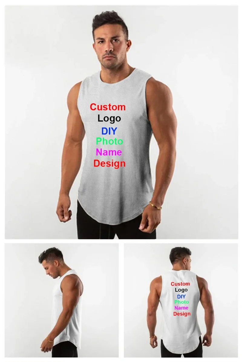 Brand Logo Gym Clothing Customized Photo Mesh Quick Dry Fitness Stringer Tank Top Men Bodybuilding Vest Workout Sleeveless Shirt