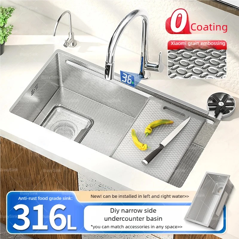

316L Stainless Steels Kitchen Sink Multifunctional Dish Wash Sink Left Side Downspout Large Single Slot Undermount Basin