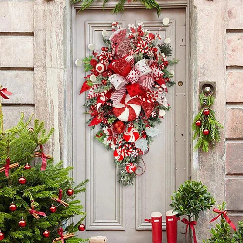 1 PCS Christmas Wreath Candy Upside Down Tree Garland Artificial Xmas Ornament Porch Window Door Wall Hanging Decoration