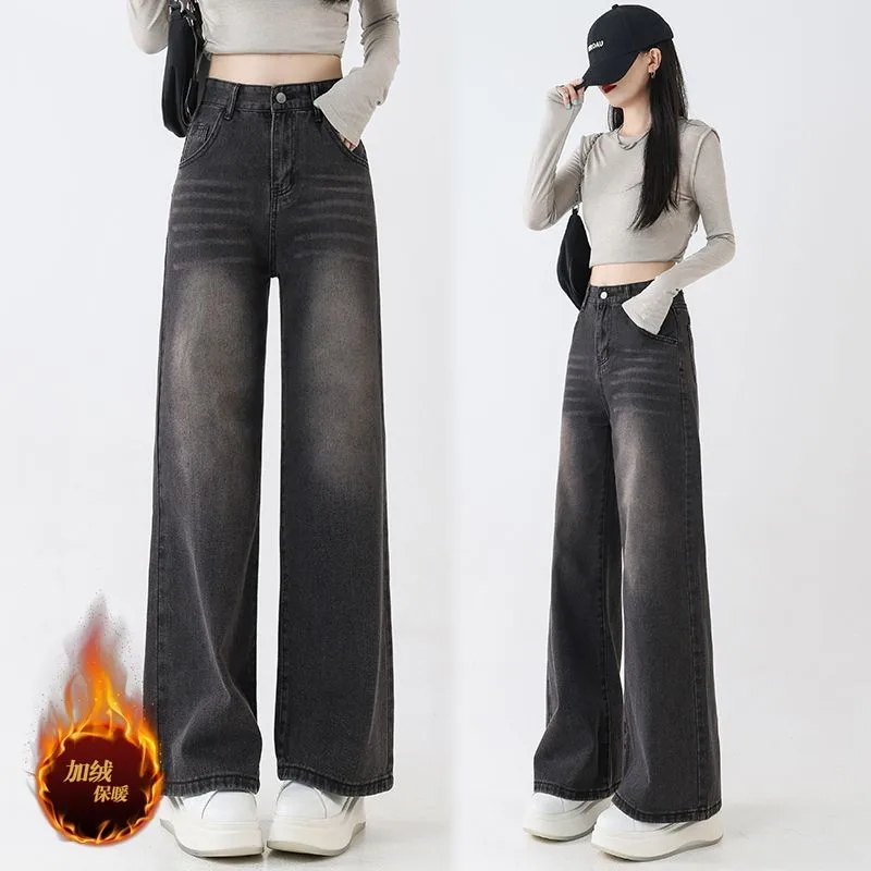 FINEWORDS Vintage Winter Thick Cashmere Wide Leg Jeans Women Korean Casual High Waist Baggy Jeans Warm Streetwear Denim Pants