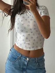 New Fashion Womens Berries Print Crop Tops Short Sleeve Round Neck Show Navel T-Shirt Streetwear Skin Friendly Hot Sale S M L