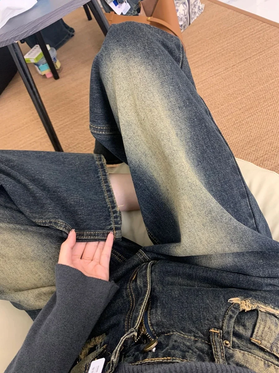 

Ретро джинсы прямого кроя с эффектом потертости для женщин, весна-осень, большие размеры, свободные, стройнящие, с высокой талией, модные джинсы в стиле High Street