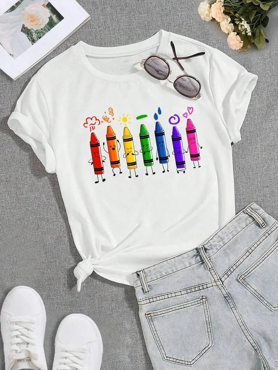 

Очаровательная хлопковая футболка с мультяшным принтом карандашей, роскошный брендовый модный топ большого размера, повседневная уличная одежда с короткими рукавами, классическая