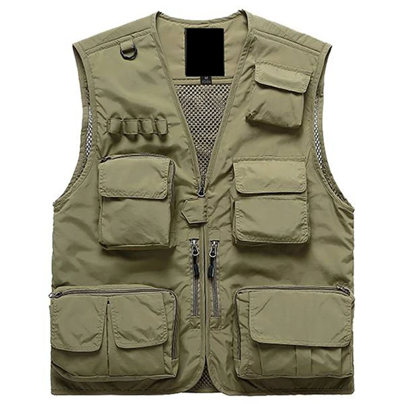 Men's Multifunctional Fishing Vest Mesh Loose Jacket Outdoor Multi Pocket Photography Fisherman Vest Khaki XL