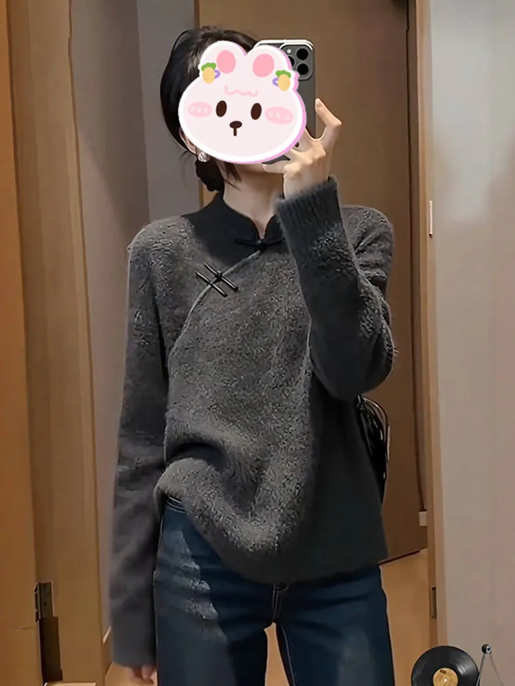 

Новый китайский вязаный свитер для женщин: свободный крой, воротник-стойка, на пуговицах, зимний, модный, элегантный, стройнящий топ