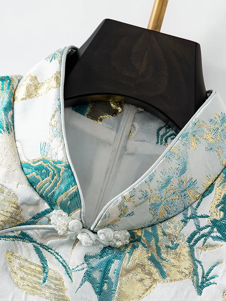 DSFACAIRIJ レディース スタンドカラー ノースリーブ ビーズ ジャカード ミニドレス 中国風 夏 ファッション 女性用