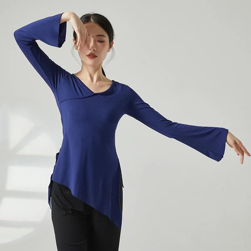 Chemise évasée à manches longues pour femmes, costume de compétition de performance d'entraînement, vêtements de danse folklorique chinoise fluide, t-shirt de danse classique