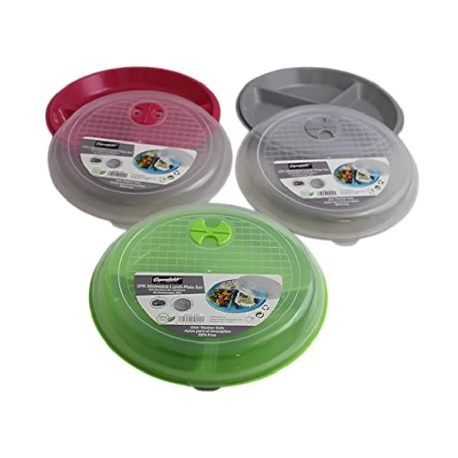 

3-Pack Divided Microwave Plates with Vented Lids Mixed Colors BPA-Free Reusable Plates for Portion Control, Meal Prep and Lefto